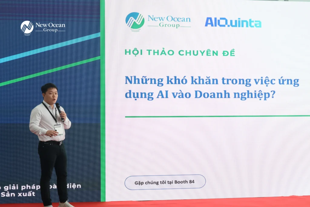 New Ocean Group speaker Vu Nhat Linh presenting AI readiness challenges for manufacturing enterprises at VIMF Binh Duong 2026.